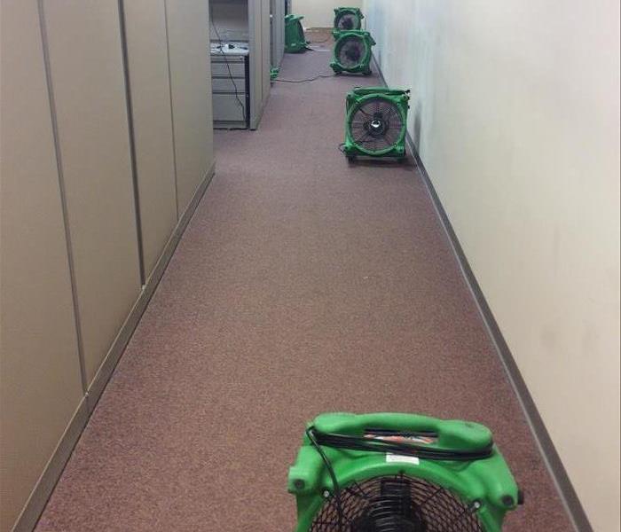 walkway by cubicles with the carpet being dried by axial fans